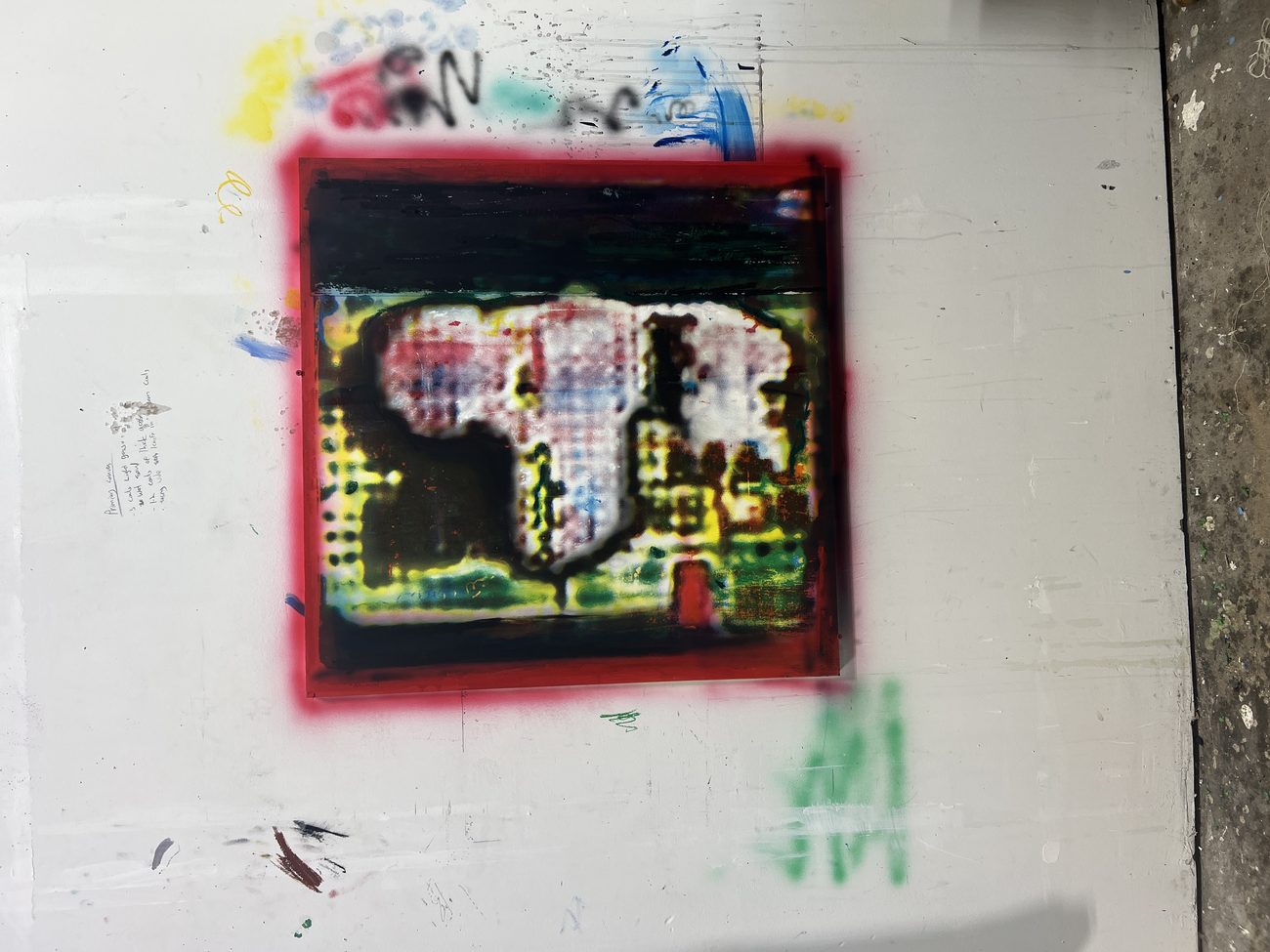 One of its early outputs, in the studio. Screen print and oil paint.